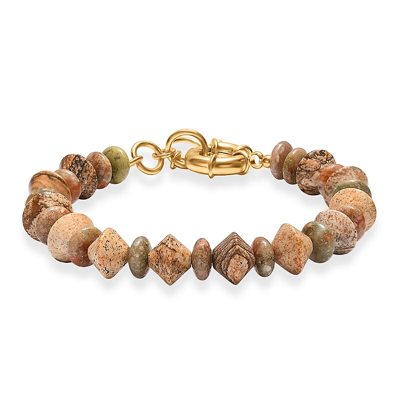 EverTrue Unakite and Picture Jasper 74.00 ctw Bracelet in 18K YG Plated (7.25 In)