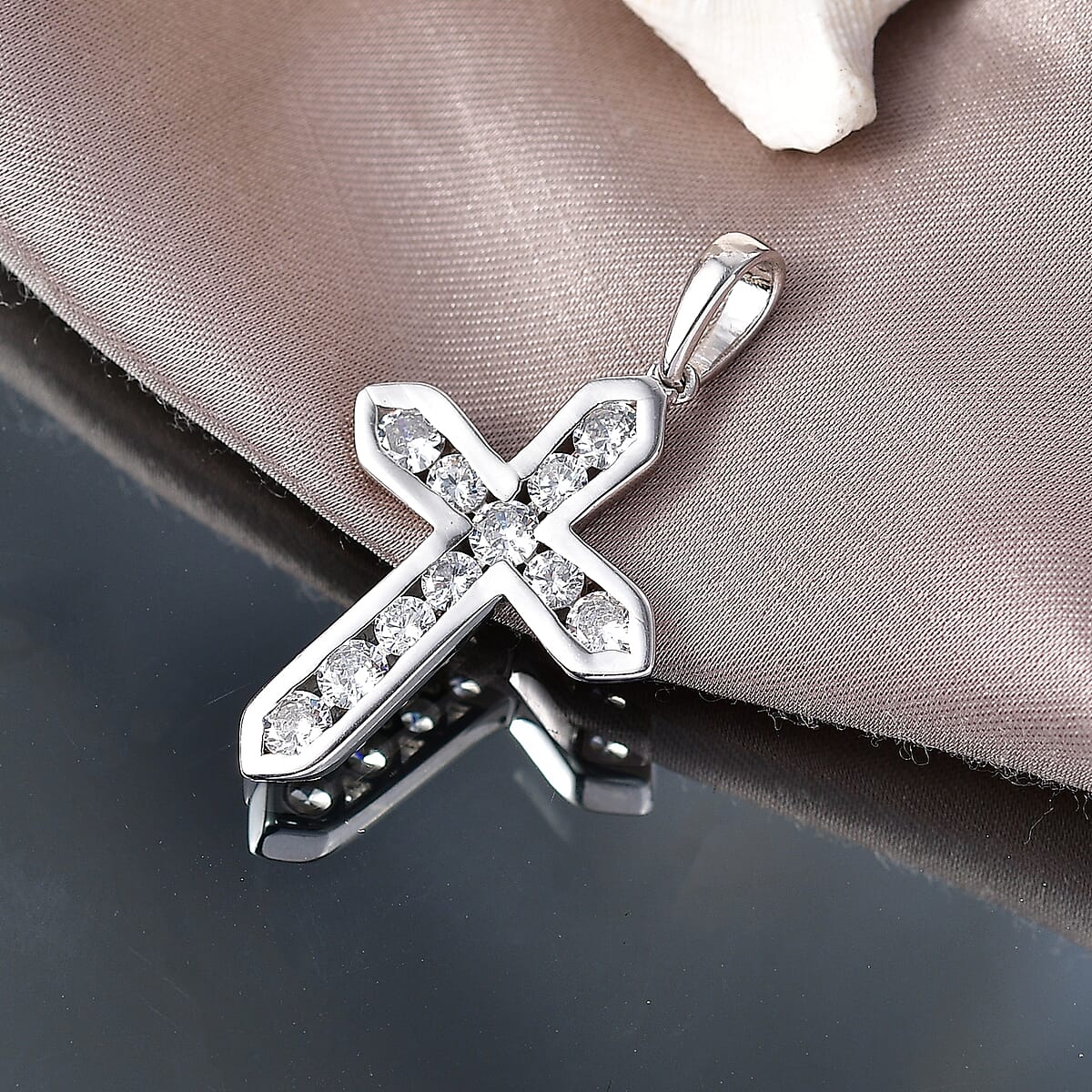 D'Joy Simulated Diamond Cross Pendant without Chain in Platinum Over Sterling Silver image number 1