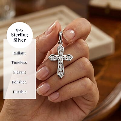 D'Joy Simulated Diamond Cross Pendant without Chain in Platinum Over Sterling Silver