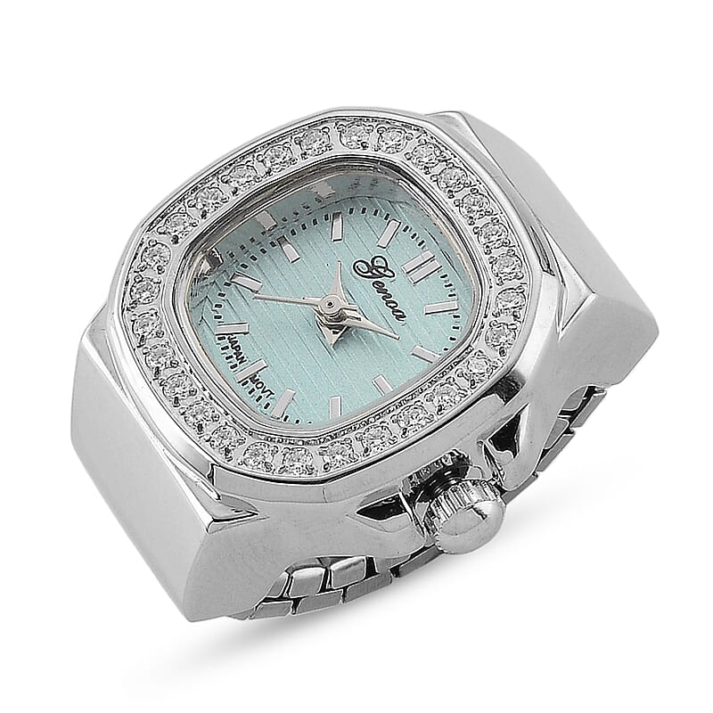 Genoa Moissanite (Rnd 1.55mm, 28pcs) Japanese Movement Light Blue Dial Ring Watch with Silvertone