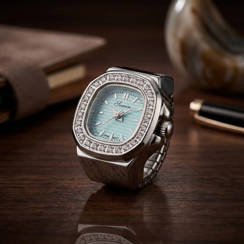 Genoa Moissanite (Rnd 1.55mm, 28pcs) Japanese Movement Light Blue Dial Ring Watch with Silvertone