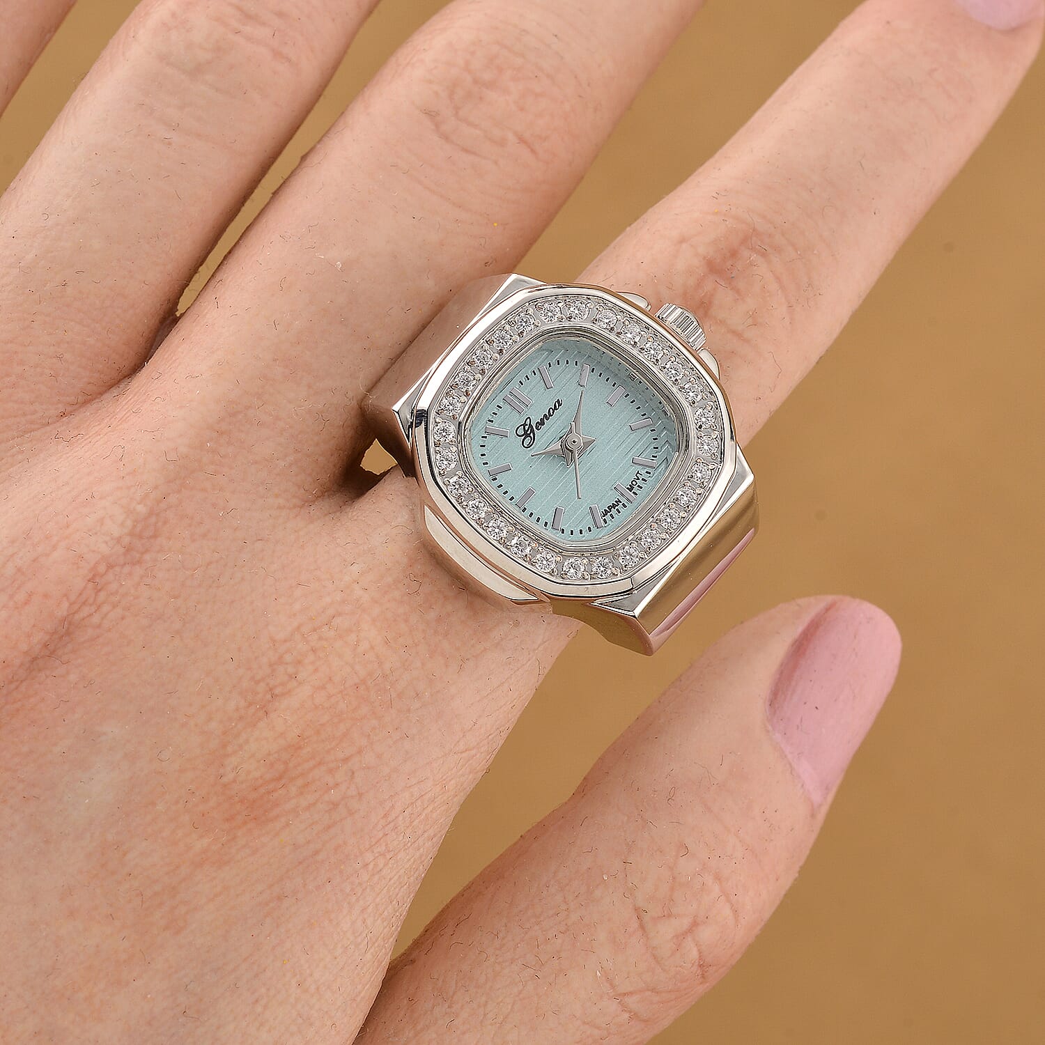 Genoa Moissanite (Rnd 1.55mm, 28pcs) Japanese Movement Light Blue Dial Ring Watch with Silvertone