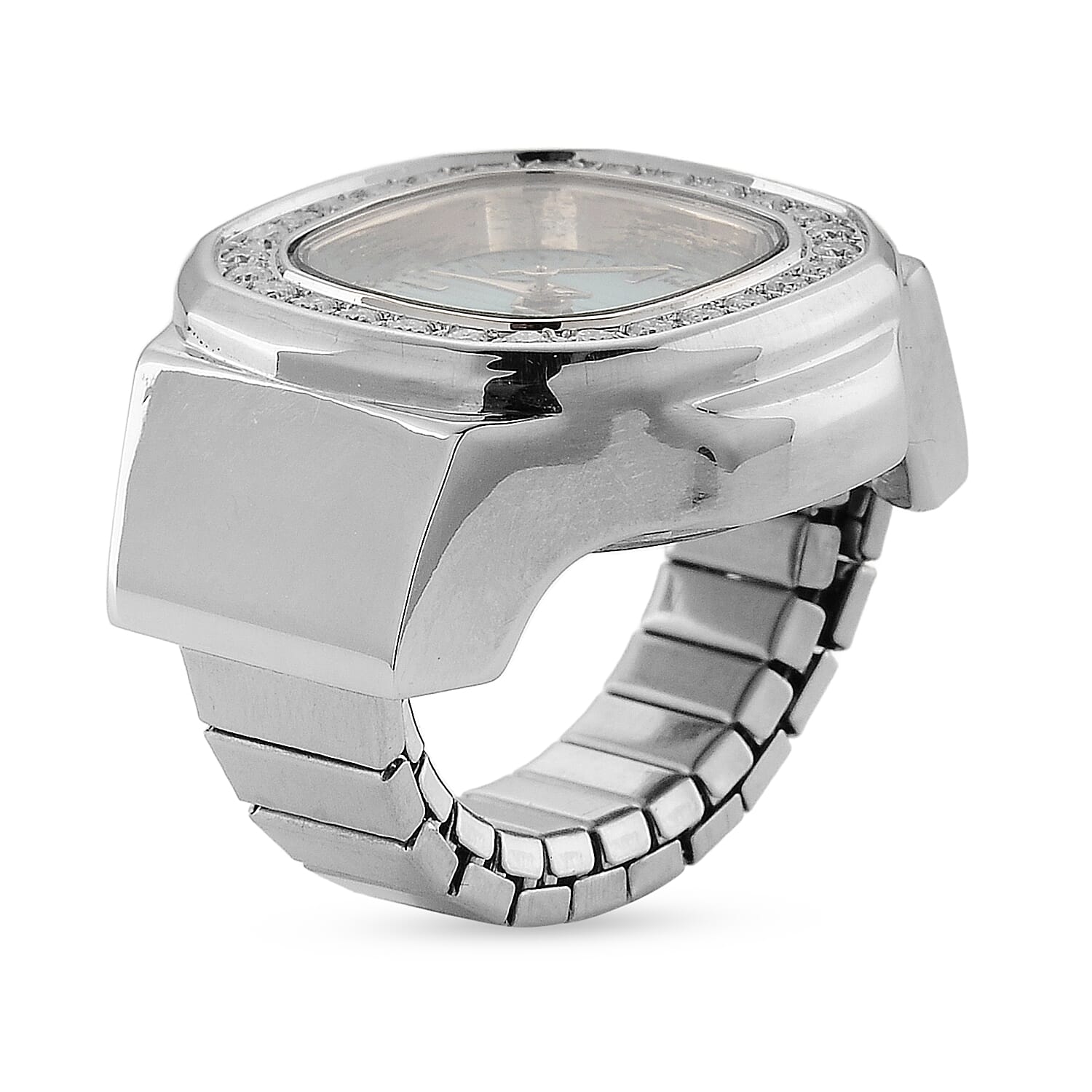Genoa Moissanite (Rnd 1.55mm, 28pcs) Japanese Movement Light Blue Dial Ring Watch with Silvertone