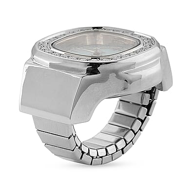 Genoa Moissanite (Rnd 1.55mm, 28pcs) Japanese Movement Light Blue Dial Ring Watch with Silvertone