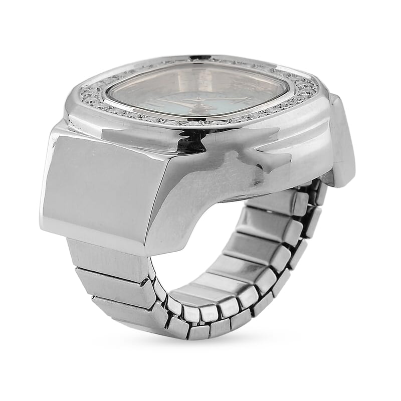 Genoa Moissanite (Rnd 1.55mm, 28pcs) Japanese Movement Light Blue Dial Ring Watch with Silvertone
