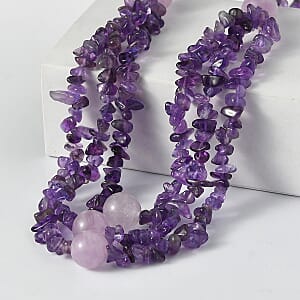 EverTrue African Amethyst and Rose De France Amethyst 200.00 ctw Chips Necklace in Platinum Over 18 Inches 