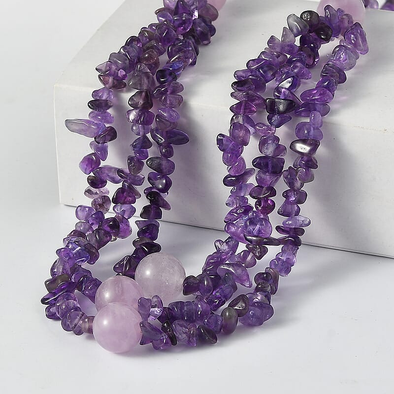 EverTrue African Amethyst and Rose De France Amethyst 200.00 ctw Chips Necklace in Platinum Over 18 Inches 