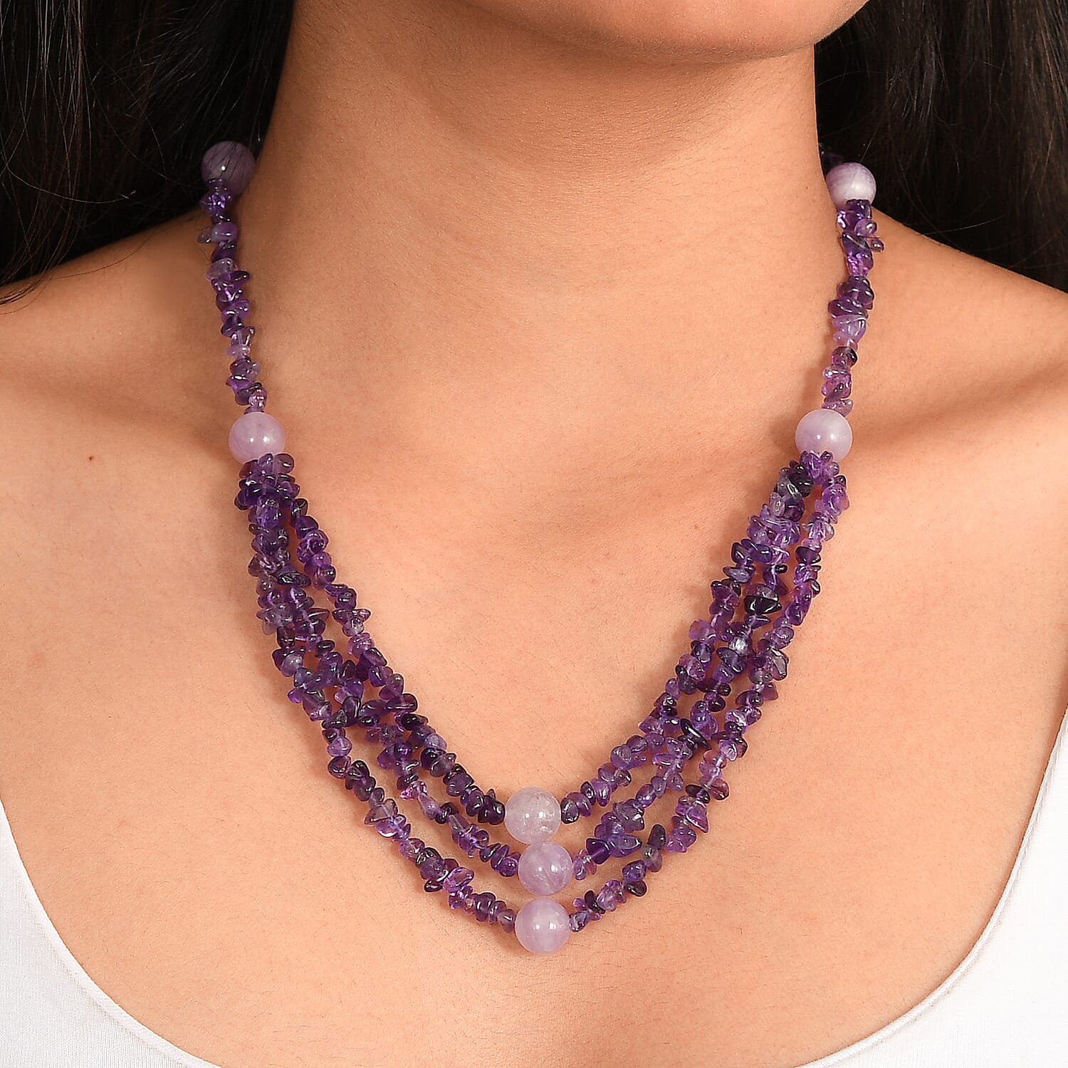 EverTrue African Amethyst and Rose De France Amethyst 200.00 ctw Chips Necklace in Platinum Over 18 Inches 