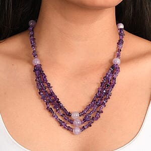 EverTrue African Amethyst and Rose De France Amethyst 200.00 ctw Chips Necklace in Platinum Over 18 Inches 