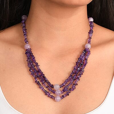 EverTrue African Amethyst and Rose De France Amethyst 200.00 ctw Chips Necklace in Platinum Over 18 Inches 