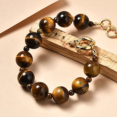 EverTrue Prremium Tigers Eye 140.00 ctw Bracelet in 18K YG Plated (7.25 In)