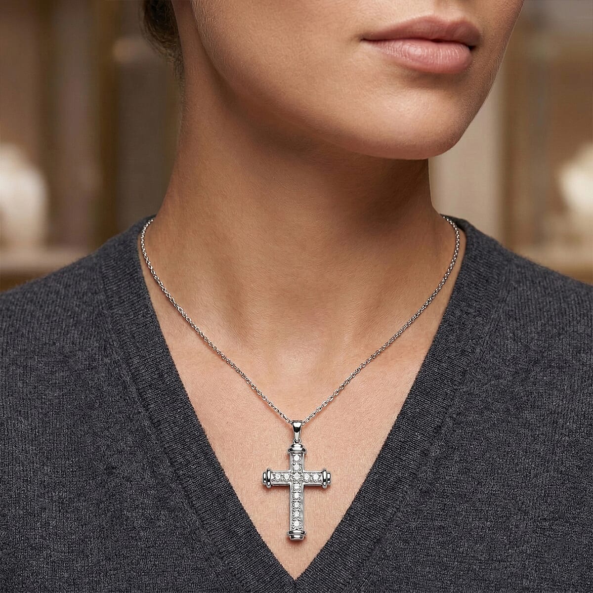 D'Joy Simulated Diamond Cross Pendant without Chain in Platinum Over Sterling Silver image number 2