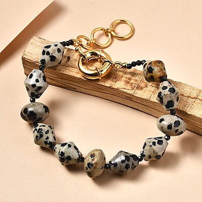 EverTrue Dalmation Jasper and Thai Black Spinel 80.00 ctw Beaded Bracelet in 18K YG Plated (7.25 In)