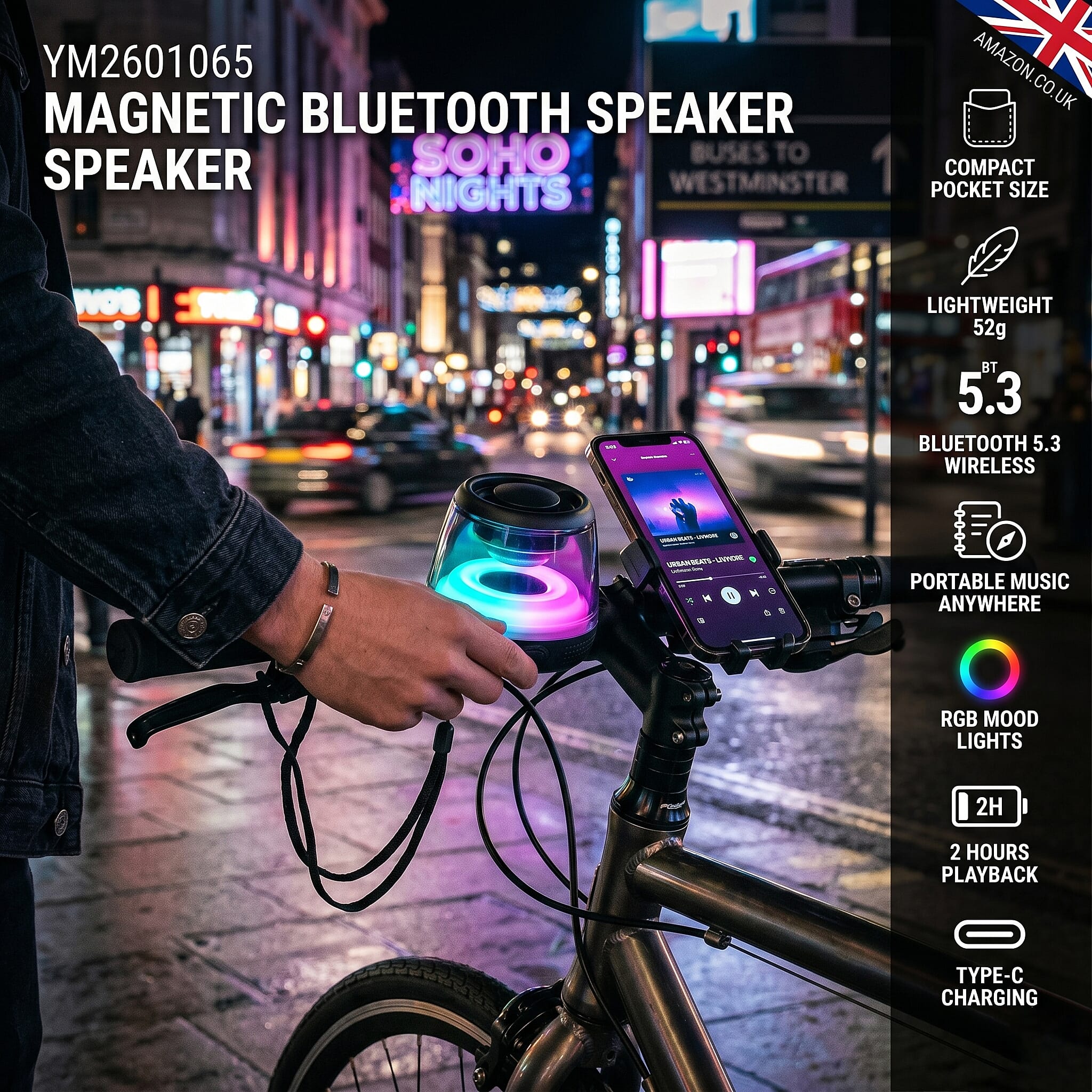 Livemore Magnetic Bluetooth Speaker with Colorful RGB Lights - Black