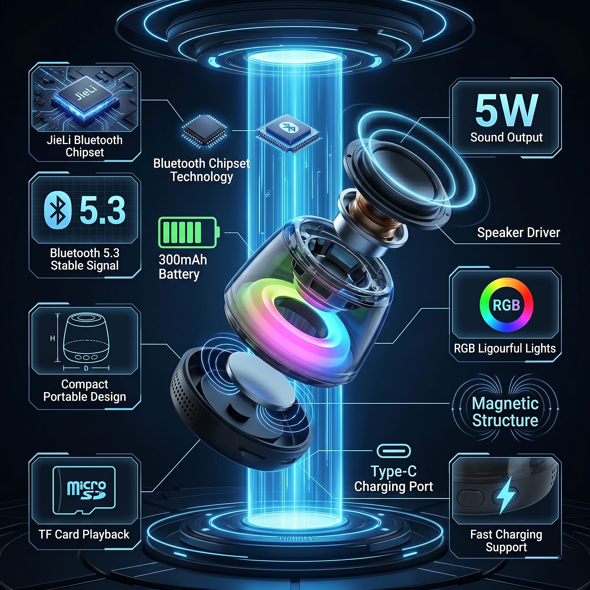 Livemore Magnetic Bluetooth Speaker with Colorful RGB Lights - Black