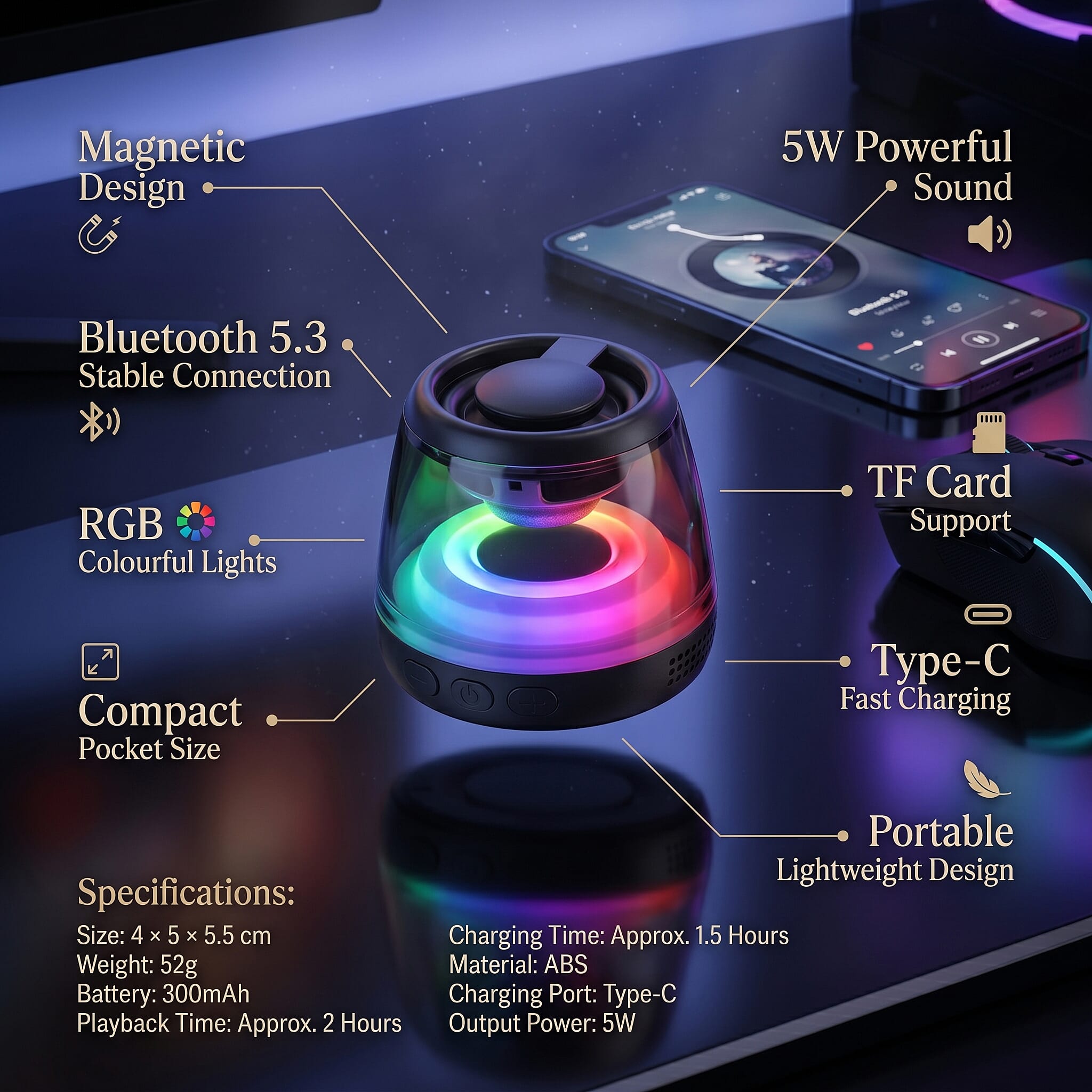 Livemore Magnetic Bluetooth Speaker with Colorful RGB Lights - Black