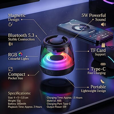 Livemore Magnetic Bluetooth Speaker with Colorful RGB Lights - Black