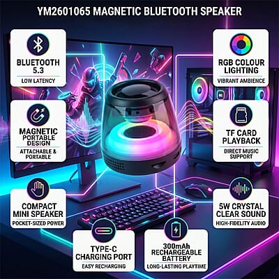Livemore Magnetic Bluetooth Speaker with Colorful RGB Lights - Black