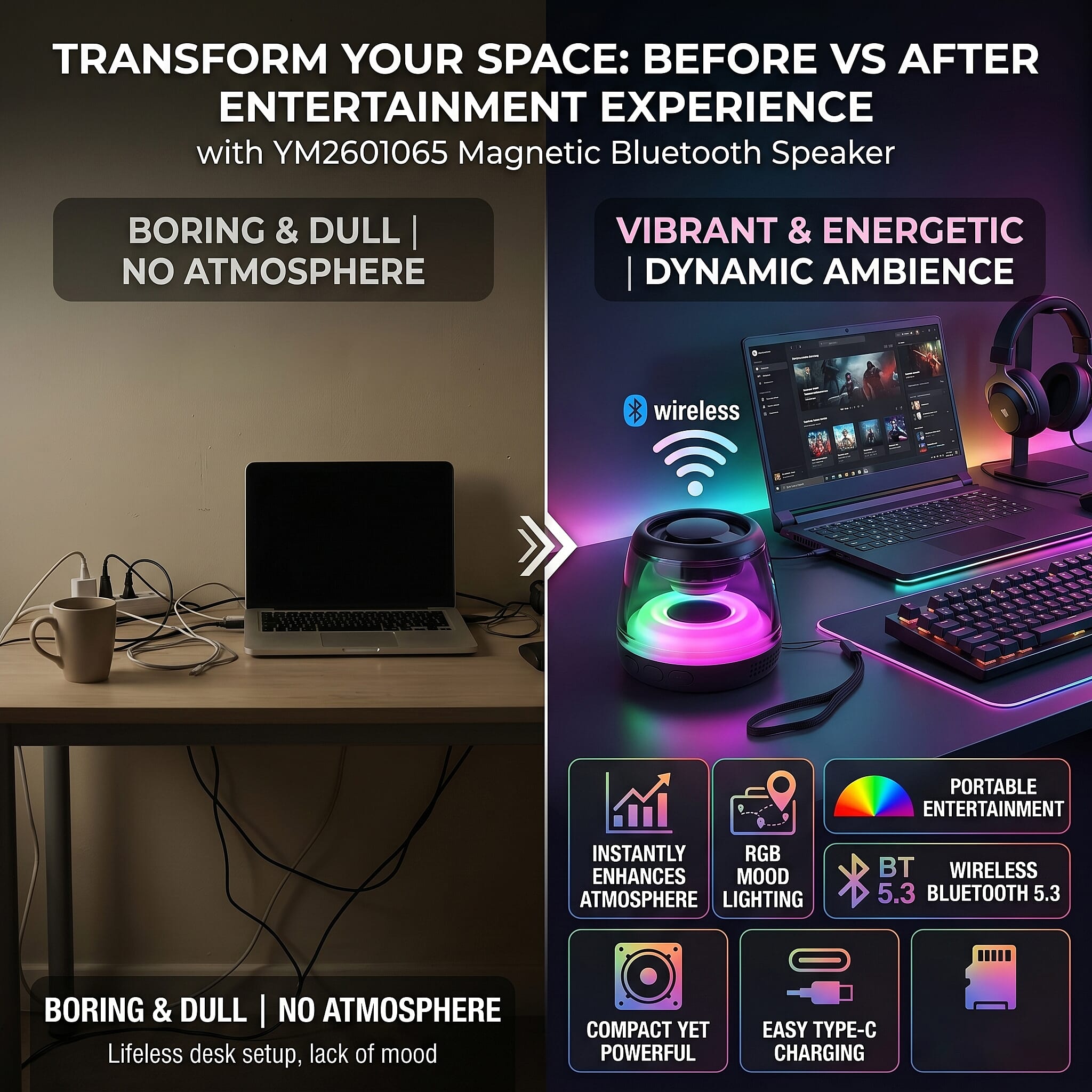Livemore Magnetic Bluetooth Speaker with Colorful RGB Lights - Black