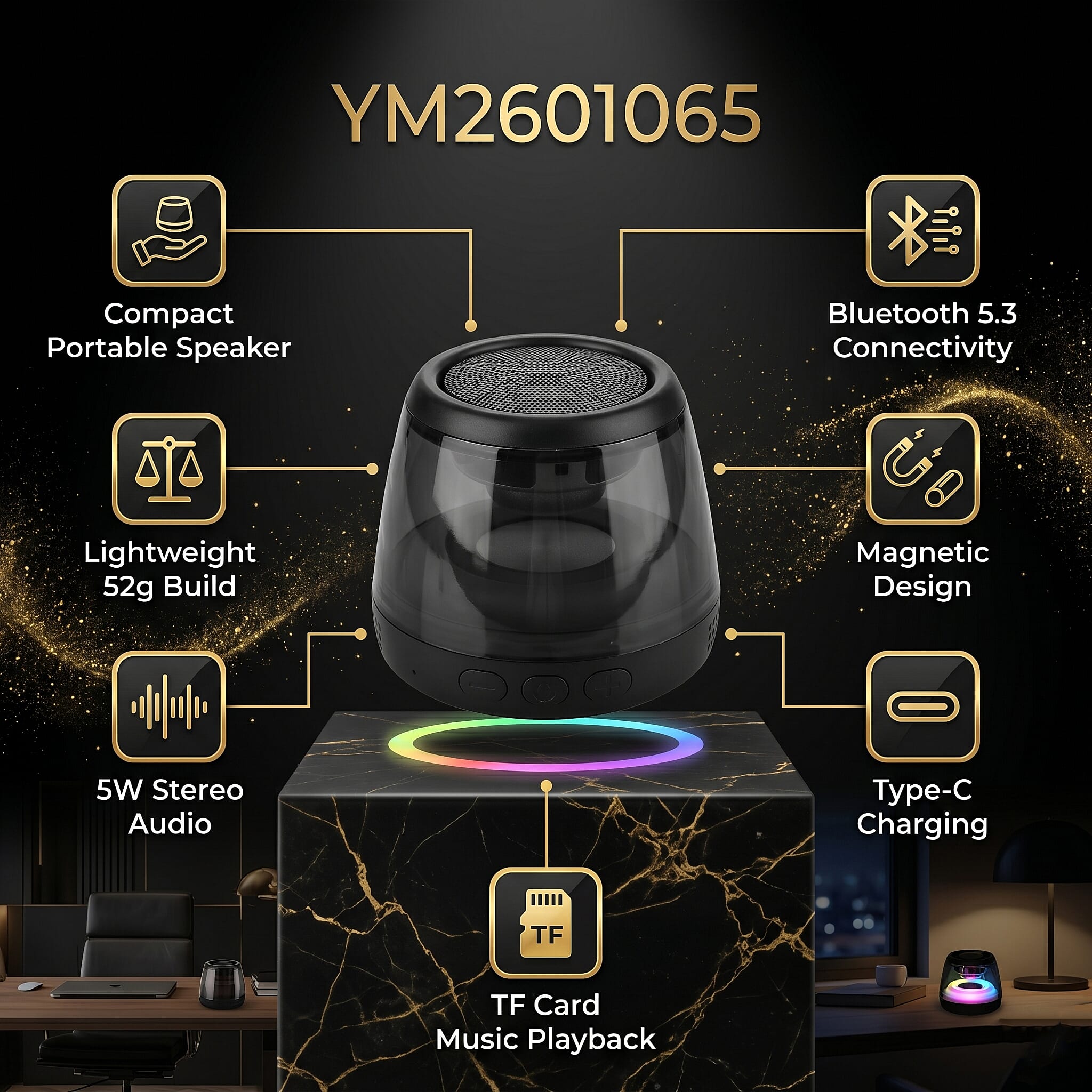Livemore Magnetic Bluetooth Speaker with Colorful RGB Lights - Black