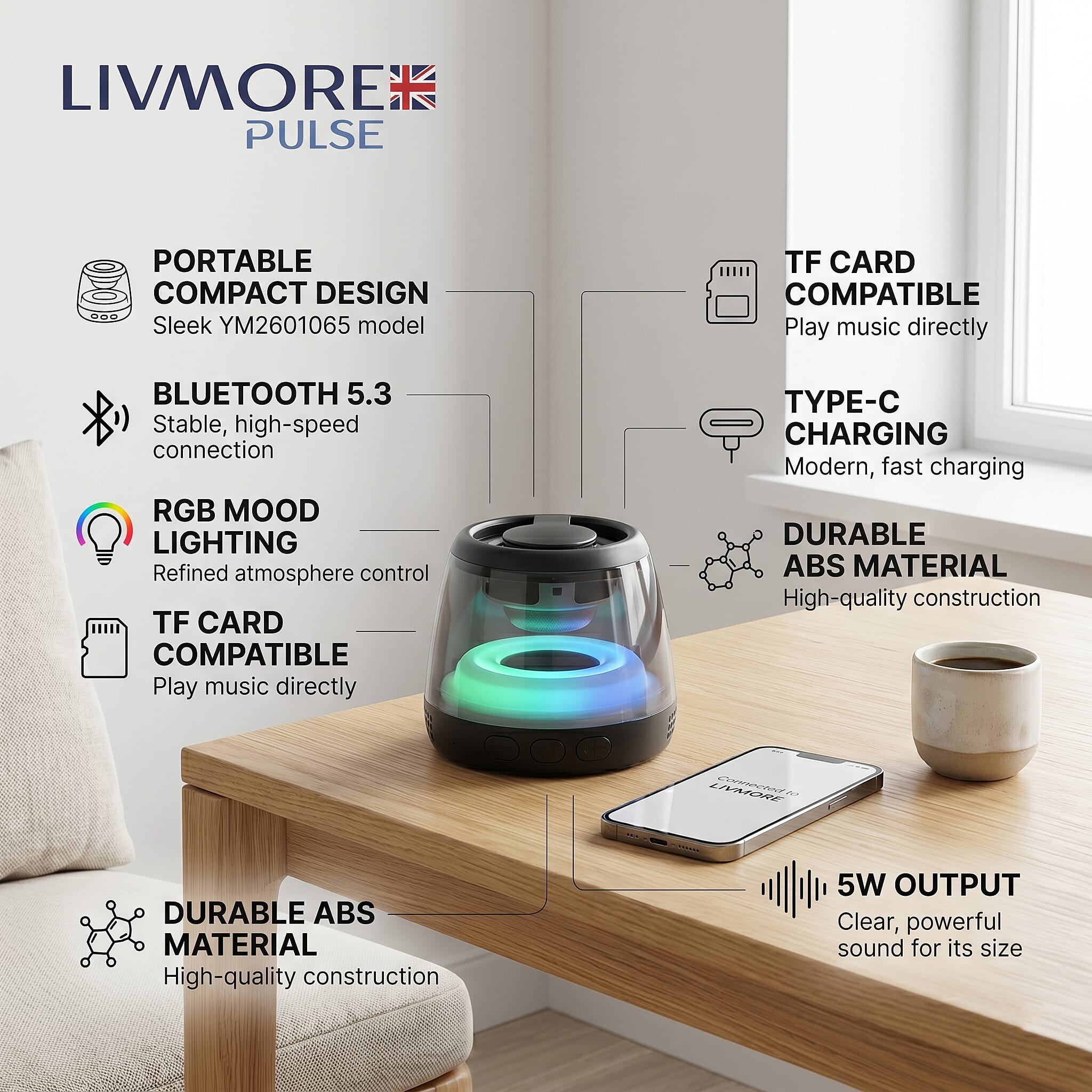 Livemore Magnetic Bluetooth Speaker with Colorful RGB Lights - Black