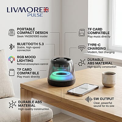 Livemore Magnetic Bluetooth Speaker with Colorful RGB Lights - Black