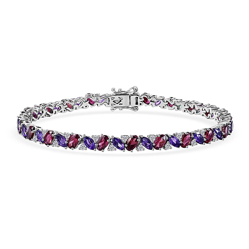 D'Joy Orissa Rhodolite Garnet and Multi Gemstone 10.25 ctw Evening Harmony Line Bracelet in Rhodium Over Sterling Silver (6.50 In)