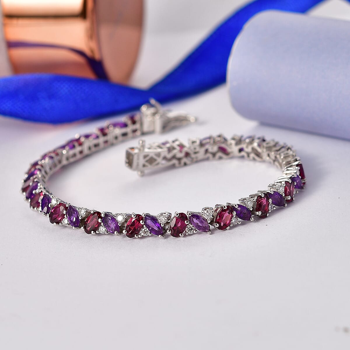 D'Joy Orissa Rhodolite Garnet and Multi Gemstone 10.25 ctw Evening Harmony Line Bracelet in Rhodium Over Sterling Silver (6.50 In) image number 1