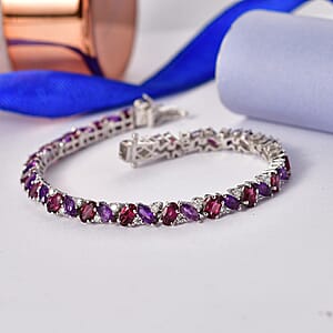D'Joy Orissa Rhodolite Garnet and Multi Gemstone 10.25 ctw Evening Harmony Line Bracelet in Rhodium Over Sterling Silver (6.50 In)