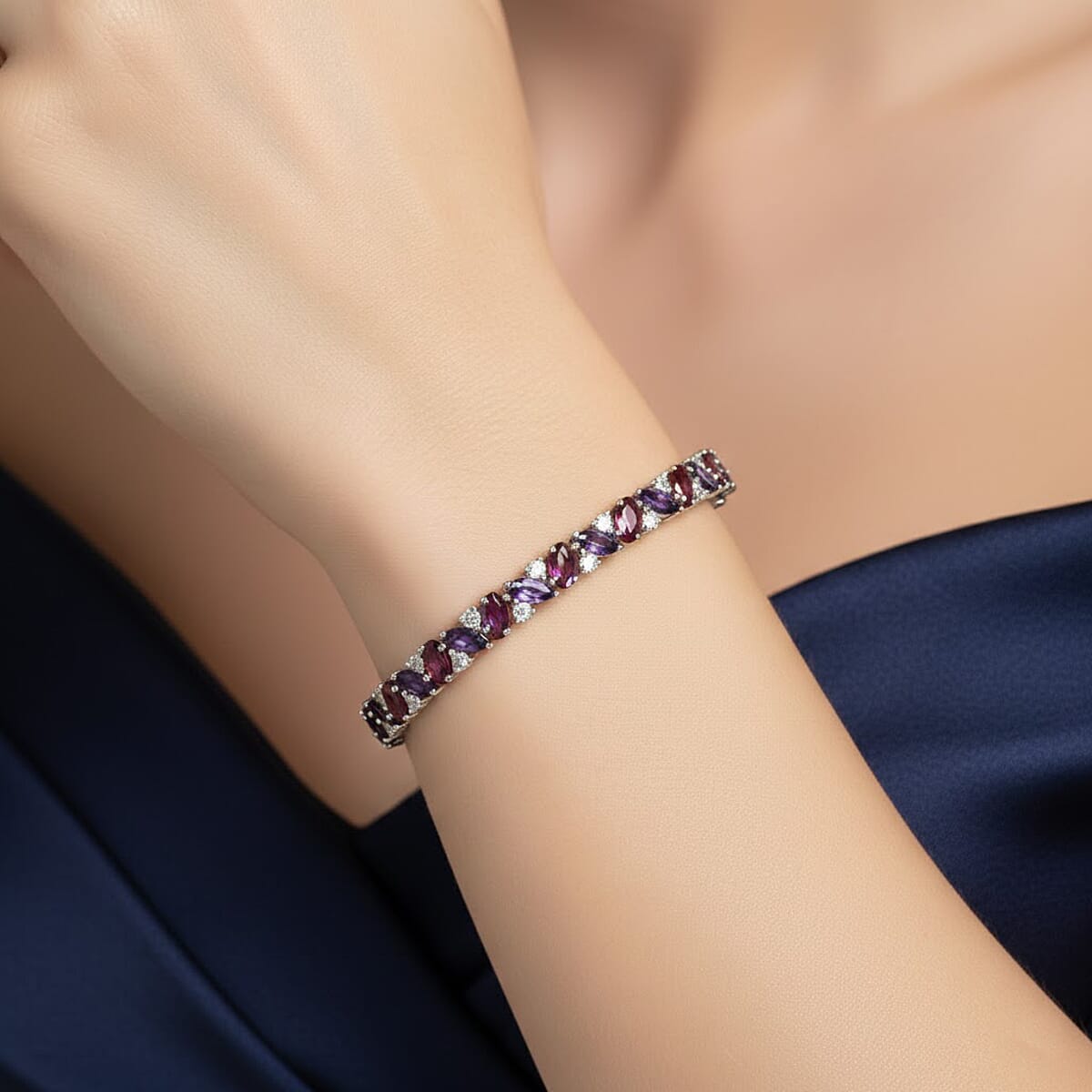 D'Joy Orissa Rhodolite Garnet and Multi Gemstone 10.25 ctw Evening Harmony Line Bracelet in Rhodium Over Sterling Silver (6.50 In) image number 2