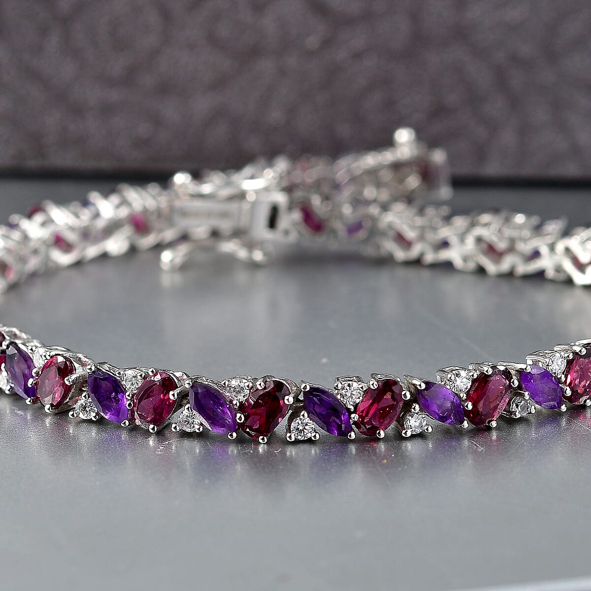 D'Joy Orissa Rhodolite Garnet and Multi Gemstone 10.85 ctw Evening Harmony Line Bracelet in Rhodium Over Sterling Silver (7.25 In) image number 1