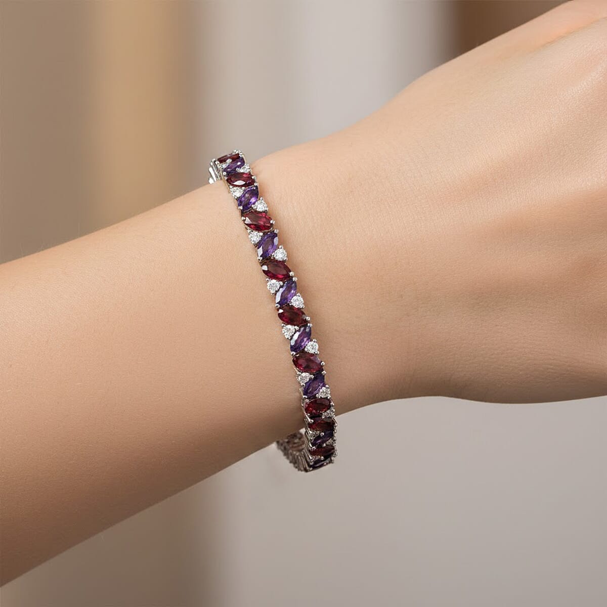 D'Joy Orissa Rhodolite Garnet and Multi Gemstone 10.85 ctw Evening Harmony Line Bracelet in Rhodium Over Sterling Silver (7.25 In) image number 2