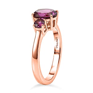 D'Joy Premium Orissa Rhodolite Garnet and Moissanite 1.80 ctw 3 Stone Ring in 18K Vermeil Rose Gold Over Sterling Silver (Size 10.0)