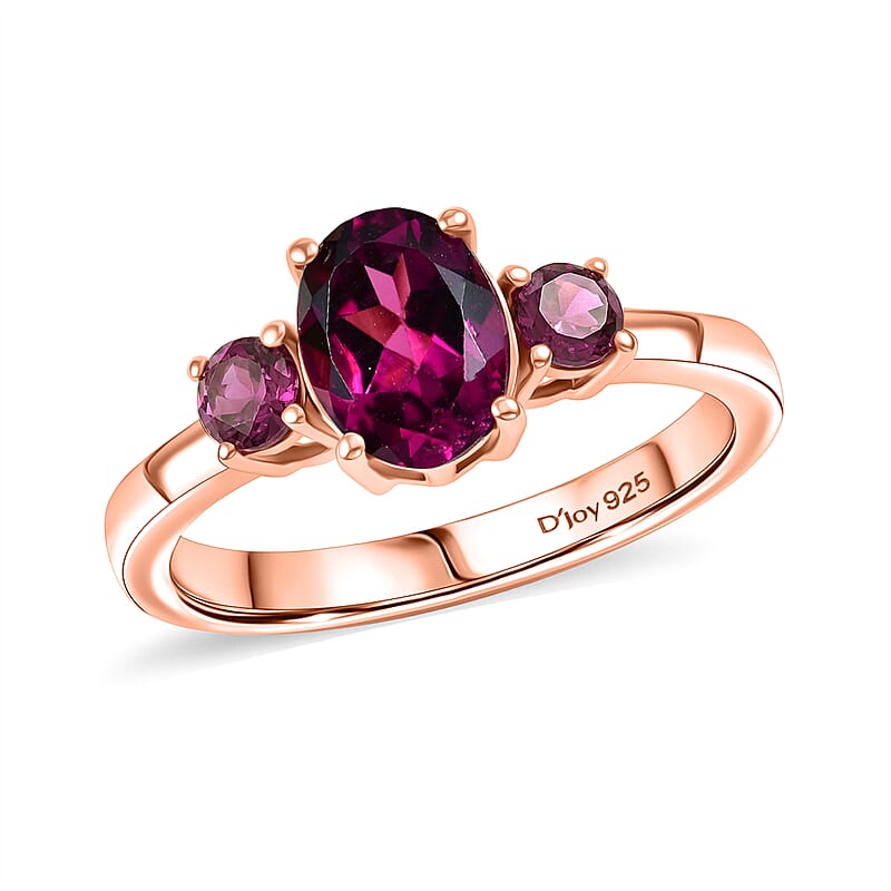 D'Joy Premium Orissa Rhodolite Garnet and Moissanite 1.80 ctw Velvet Fire Trilogy Ring in 18K Vermeil Rose Gold Over Sterling Silver (Size 6.0)