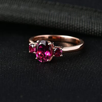 D'Joy Premium Orissa Rhodolite Garnet and Moissanite 1.80 ctw Velvet Fire Trilogy Ring in 18K Vermeil Rose Gold Over Sterling Silver (Size 6.0)