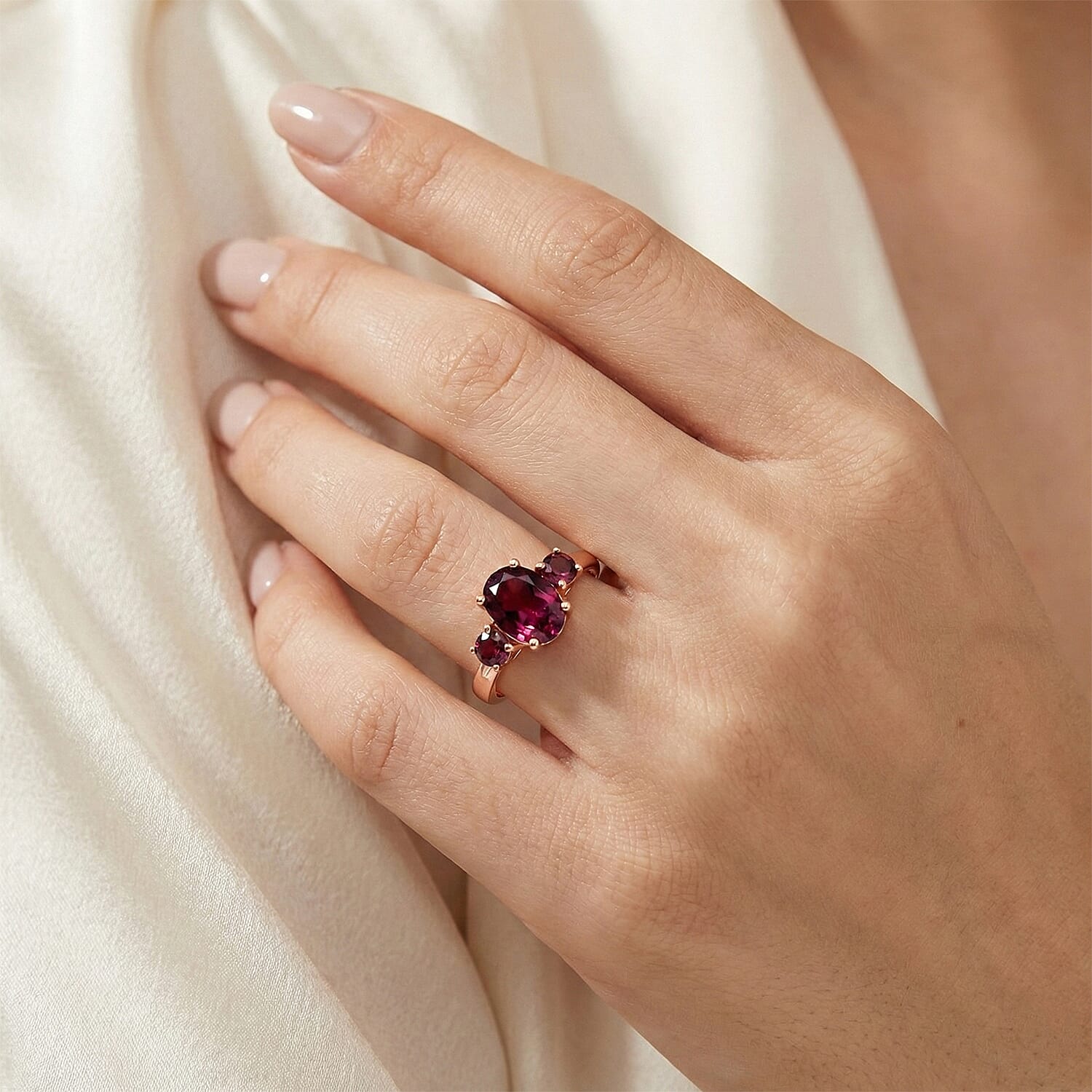 D'Joy Premium Orissa Rhodolite Garnet and Moissanite 1.80 ctw Velvet Fire Trilogy Ring in 18K Vermeil Rose Gold Over Sterling Silver (Size 6.0)