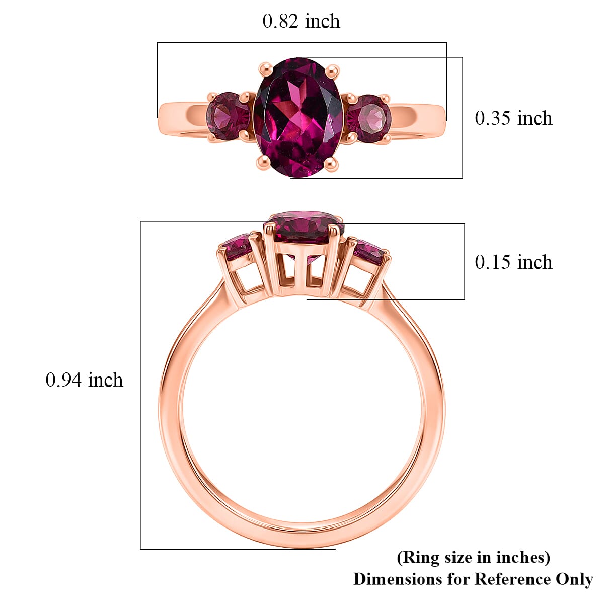 D'Joy Premium Orissa Rhodolite Garnet and Moissanite 1.80 ctw Velvet Fire Trilogy Ring in 18K Vermeil Rose Gold Over Sterling Silver (Size 6.0)