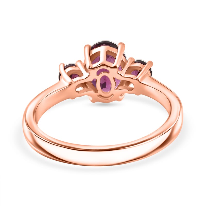 D'Joy Premium Orissa Rhodolite Garnet and Moissanite 1.80 ctw Velvet Fire Trilogy Ring in 18K Vermeil Rose Gold Over Sterling Silver (Size 7.0)