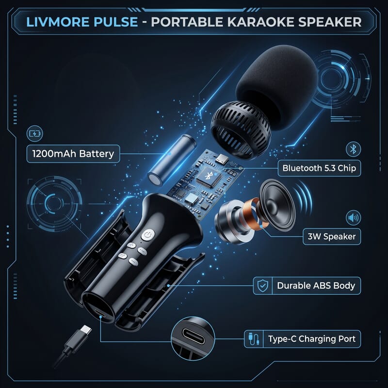 Livmore Black Bluetooth Microphone Speaker with 1200mAh Rechargeable Battery