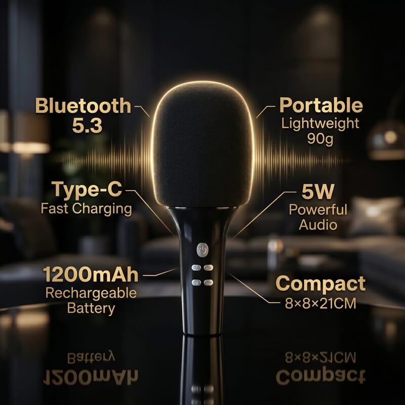 Livmore Black Bluetooth Microphone Speaker with 1200mAh Rechargeable Battery