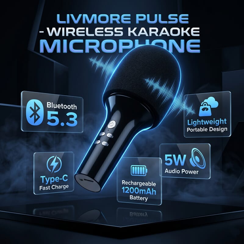Livmore Black Bluetooth Microphone Speaker with 1200mAh Rechargeable Battery