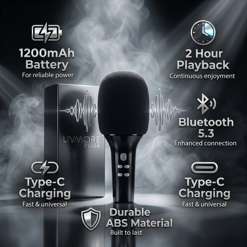 Livmore Black Bluetooth Microphone Speaker with 1200mAh Rechargeable Battery