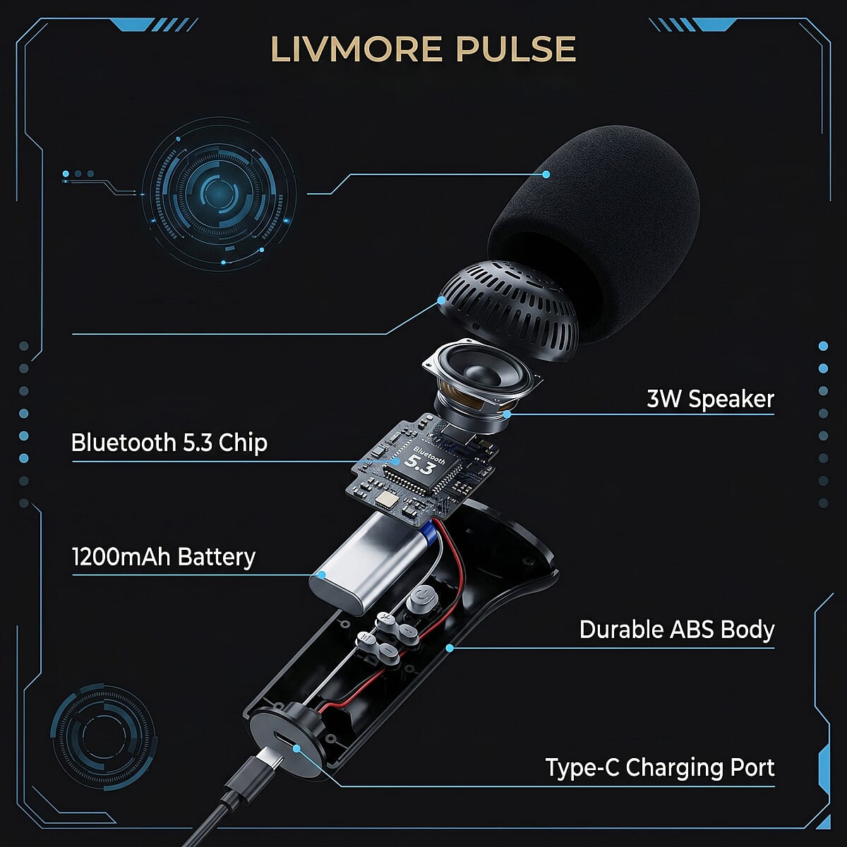 Livemore Black Bluetooth Microphone Speaker with 1200mAh Rechargeable Battery image number 9