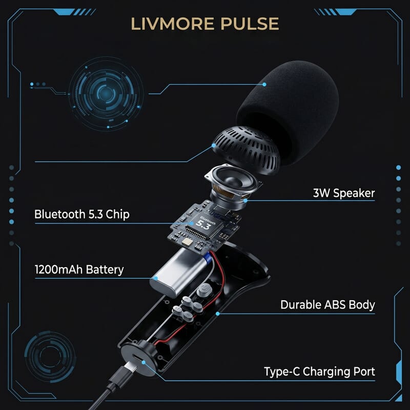 Livmore Black Bluetooth Microphone Speaker with 1200mAh Rechargeable Battery