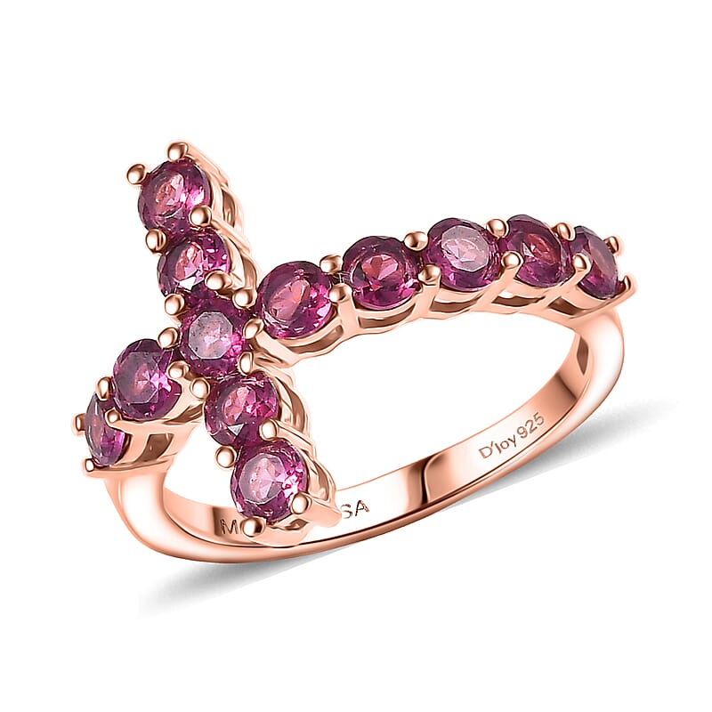D'Joy Premium Orissa Rhodolite Garnet 2.20 ctw Cross Ring in 18K Vermeil Rose Gold Over Sterling Silver (Size 5.0)