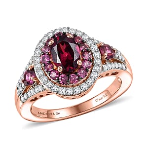 D'Joy Premium Orissa Rhodolite Garnet and Moissanite 2.20 ctw Wine Fire Halo Ring in 18K Vermeil Rose Gold Over Sterling Silver (Size 10.0)