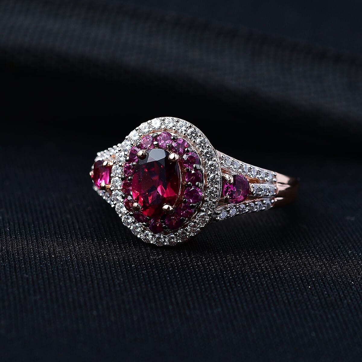 D'Joy Premium Orissa Rhodolite Garnet and Moissanite 2.20 ctw Wine Fire Halo Ring in 18K Vermeil Rose Gold Over Sterling Silver (Size 10.0) image number 1