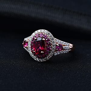 D'Joy Premium Orissa Rhodolite Garnet and Moissanite 2.20 ctw Wine Fire Halo Ring in 18K Vermeil Rose Gold Over Sterling Silver (Size 10.0)