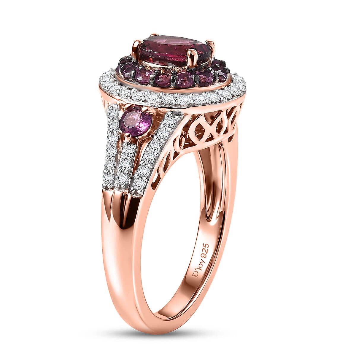 D'Joy Premium Orissa Rhodolite Garnet and Moissanite 2.20 ctw Wine Fire Halo Ring in 18K Vermeil Rose Gold Over Sterling Silver (Size 10.0) image number 3