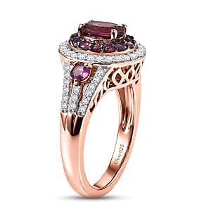 D'Joy Premium Orissa Rhodolite Garnet and Moissanite 2.20 ctw Wine Fire Halo Ring in 18K Vermeil Rose Gold Over Sterling Silver (Size 10.0)